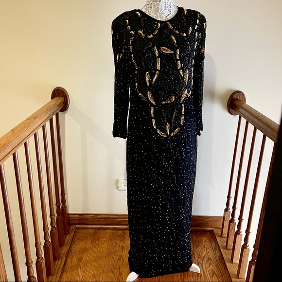 Dresses & Skirts - Vintage Women Sequin Bead Embellished Black & Gold Long Sleeves Silk Gown Dress